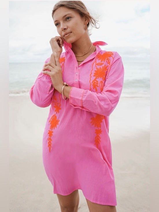 Debbie Katz Dresses & Skirts - Bright Pink Embroidered Shirt Dress Or Swim Cover Up